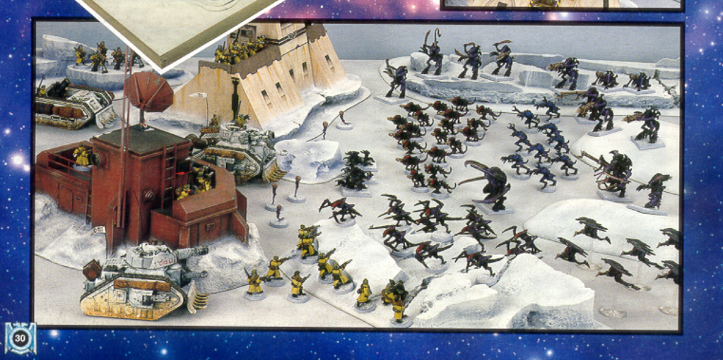 A photo from the 3rd edition rule book of warhammer 40k. The image looks like hoth from Star Wars, but with bugs. 
